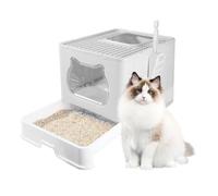 LN Cozy CORNE Large Foldable Cat Litter Box with Slide-Out Tray, Scoop, Hooded Litter Tray with Flap Door, Anti-Splashing Portable Enclosed Cat Toilet for Big Cats, 50 * 40 * 38cm Gray