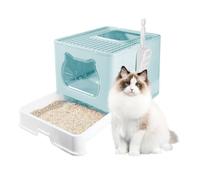 LN Cozy CORNE Large Foldable Cat Litter Box with Slide-Out Tray, Scoop, Hooded Litter Tray with Flap Door, Anti-Splashing Portable Enclosed Cat Toilet for Big Cats, 50 * 40 * 38cm Blue