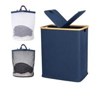 LN COZY CORNER 140L Laundry Basket with Lid, Large Double Laundry Hamper with 2 Removable Bags, Foldable Laundry Basket with Lid for Clothes Storage, Laundry Organisation & Bedroom Storage (Blue)