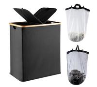 LN COZY CORNER 140L Laundry Basket with Lid, Large Double Laundry Hamper with 2 Removable Bags, Foldable Laundry Basket with Lid for Clothes Storage, Laundry Organisation & Bedroom Storage (Black)