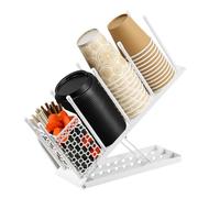 LN COZY CORNER 4-Compartment Adjustable Cup & Lid Holder with Removable Straw Basket Metal Coffee Cup Dispenser Organizes 100 Disposable Cups Lids & Straws for Restaurant Coffee Station (White)