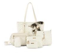 LN COZY CORNER 7 PCS Tote Bag Set for Women, Large Capacity Leather Shoulder Tote with Crossbody Bag, Coin Purse, Card Holder Cosmetic Pouches, Multi-Pocket Handbag Combo for Work Travel Daily (White)