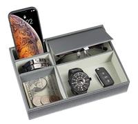 LN COZY CORNER PU Leather Valet Tray Organizer 5-Compartment Nightstand & Desk Catchall for Men/Women Storage Box for Phone, Wallet, Keys, Jewelry, Watch, Sunglasses 26 x 18.7 x 5.3 cm (Grey)