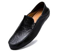 Lnafan Men’s Slip On Leather Loafers Moccasins Casual Driving Shoes Flats Slippers Black Size 9UK