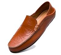 Lnafan Men’s Slip On Leather Loafers Moccasins Casual Driving Shoes Flats Slippers Red Brown Size 5.5UK
