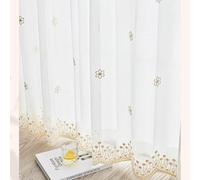 LNCWYY White Eyelet Voile Curtains Yellow Flowers Semi Transparent Window Net Curtains Light Filtering Semi Sheer Window Curtain Panels Privacy Voile Set of 2, 90" Wide x 90" Drop