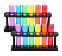 LND, 12 Test Tube Shots Plastic Glasses, Novelty Shot Glasses Set: Plastic Test Tubes with Stand - Perfect Chemistry Gifts for Him or Her, Home Bar Gifts, Seedling Flower Stem Vases 6 Assorted Colours