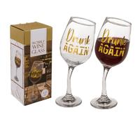 LND Gifts Novelty Leaning Wine Glass 420ml with Drunk Again Print, Angled Stem Funny Design, Unique Gift for Her or Him, Mum Dad Friends, Birthday, Christmas, Secret Santa
