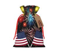 Lndependence Day America Flag Fireworks Christmas Drawstring Gift Bags, Xmas Bags With Tags, Reusable Santa Wrapping Bag