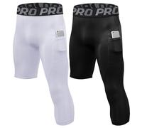 LNFINTDO 2 Pack One Leg Compression Tights Men 3/4 Basketball Leggings Single Leg Athletic Pants with Pockets for Running, Left Black White, Large