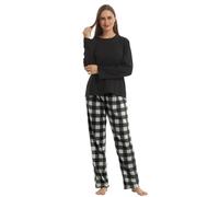 LNFINTDO Fleece Pajamas Womens Set Long Sleeve Top & Plaid Pajama Bottoms Soft Nightwear Loungewear Warm Pjs Sets 2 Pieces