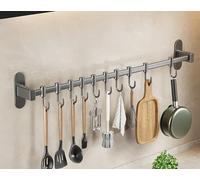 LNGFSH Kitchen Utensils Rack, Aluminum Kitchen Rail Wall Mounted Rack with Hooks Organiser Kitchen Utensils Rack Wall Mounted Hanging Rail Rack Kitchen Pot Pan Hanging Rack for Kitchen Gray (60cm)