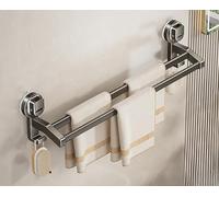LNGFSH Double Towel Rail Suction Cup Towel Bar, Aluminium Towel Rail Wall Mounted with 2 Hooks, Hand Towel Holder for Bathroom and Kitchen, Stick on Wall, Door (Gray,70cm)