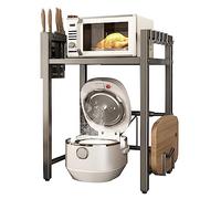 LNGFSH Expandable Microwave Oven Rack, 2 Tiers with 6 Hooks Height Adjustable Carbon Steel Microwave Shelf, Foldable Kitchen Counter Organizer for Kitchen Countertop, Grey