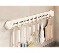 LNGFSH Kitchen Rail with Hooks Suction Cup, Carbon Steel Utensils Rack with Sliding Hooks Wall Mounted, Utensil Holder for Pans, Spoons, and Shovels, Self Adhesive (Beige,with 9 Hooks 50cm)