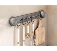 LNGFSH Kitchen Rail with Hooks Suction Cup, Carbon Steel Utensils Rack with Sliding Hooks Wall Mounted, Utensil Holder for Pans, Spoons, and Shovels, Self Adhesive (Grey,with 5 Hooks 30cm)