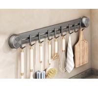 LNGFSH Kitchen Rail with Hooks Suction Cup, Carbon Steel Utensils Rack with Sliding Hooks Wall Mounted, Utensil Holder for Pans, Spoons, and Shovels, Self Adhesive (Grey,with 9 Hooks 50cm)