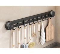 LNGFSH Kitchen Rail with Hooks Suction Cup, Carbon Steel Utensils Rack with Sliding Hooks Wall Mounted, Utensil Holder for Pans, Spoons, and Shovels, Self Adhesive (Black,with 9 Hooks 50cm)
