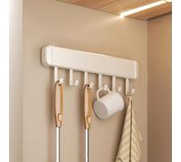 LNGFSH Kitchen Utensil Holder Hooks, Utensil Hanging Racks Wall Mounted, Self Adhesive Under Cabinet Tools Hanger Organizer Hook Punch Free for Kitchen Bathroom (White,with 6 Hooks 30cm)