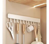 LNGFSH Kitchen Utensil Holder Hooks, Utensil Hanging Racks Wall Mounted, Self Adhesive Under Cabinet Tools Hanger Organizer Hook Punch Free for Kitchen Bathroom (White,with 10 Hooks 50cm)