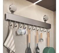 LNGFSH Kitchen Utensil Holder Rack Suction Cup Storage Rail Wall Mounted Tool Hanger Movable Hooks Aluminium Tools Organizer Utensils Hanging Bathrooms (with 10 Hooks)
