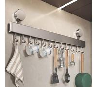 LNGFSH Kitchen Utensil Holder Rack Suction Cup Storage Rail Wall Mounted Tool Hanger Movable Hooks Aluminium Tools Organizer Utensils Hanging Bathrooms (with 12 Hooks)