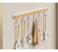 LNGFSH Kitchen Utensil Rail Kitchen Hanging Rod No Drilling Wood Iron Wall-Mounted Kitchenware Rack Hanging Spoon Chopping Board Pans - White (with 6 Hooks 33cm)