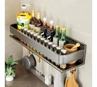 LNGFSH Spice Rack Wall Mounted with 5 Hooks, Hanging Storage Shelves, Kitchen Wall Shelf, Utensil Rack, Carbon Steel Spice Racks Organiser for Spice Jars and Seasoning Bottles (50cm,Grey)