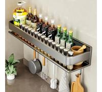 LNGFSH Spice Rack Wall Mounted with 5 Hooks, Hanging Storage Shelves, Kitchen Wall Shelf, Utensil Rack, Carbon Steel Spice Racks Organiser for Spice Jars and Seasoning Bottles (60cm,Grey)