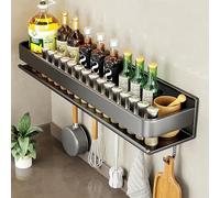 LNGFSH Spice Rack Wall Mounted with 5 Hooks, Hanging Storage Shelves, Kitchen Wall Shelf, Utensil Rack, Carbon Steel Spice Racks Organiser for Spice Jars and Seasoning Bottles (60cm,Black)