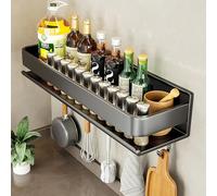 LNGFSH Spice Rack Wall Mounted with 5 Hooks, Hanging Storage Shelves, Kitchen Wall Shelf, Utensil Rack, Carbon Steel Spice Racks Organiser for Spice Jars and Seasoning Bottles (50cm,Black)