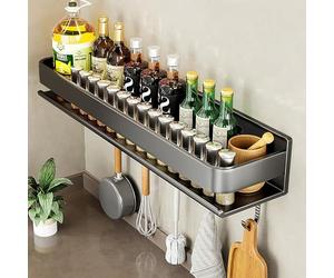 LNGFSH Spice Rack Wall Mounted with 5 Hooks, Hanging Storage Shelves, Kitchen Wall Shelf, Utensil Rack, Carbon Steel Spice Racks Organiser for Spice Jars and Seasoning Bottles (60cm,Black)