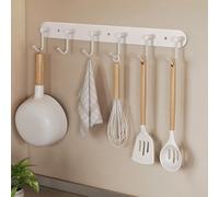 LNGFSH Stainless Steel Kitchen Wall Mounted Hooks - No-Drill White Utensil Hanger Rack with Adhesive Rustproof, Waterproof, Space-Saving Design (6 Hooks)