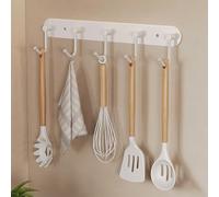 LNGFSH Stainless Steel Kitchen Wall Mounted Hooks - No-Drill White Utensil Hanger Rack with Adhesive Rustproof, Waterproof, Space-Saving Design (5 Hooks)