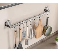 LNGFSH Wall Mounted Utensil Rack Suction Cup, Aluminum Hanging Kitchen Rail Removable Hooks, Hanger Organizer for Utensil (Gray,with 8 Hooks 50cm)