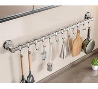 LNGFSH Wall Mounted Utensil Rack Suction Cup, Aluminum Hanging Kitchen Rail Removable Hooks, Hanger Organizer for Utensil (Gray,with 12 Hooks 70cm)