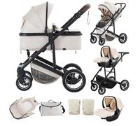 Lnhcrbs 3 in 1 Pushchair, Travel System, Beige-Pushchair and Car Seat Set,Compact Stroller with Mosquito Net Rain Cover, with Adjustable Handle, Lightweight Stroller with Frame Made of Aluminium