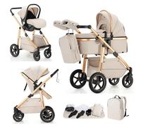 Lnhcrbs 3 in 1 Stroller, Baby Stroller 3 in 1 with Car Seat with Adjustable Handle,Baby Pram with Lockable Front Wheels,for 22kg, 0-4 Years（Beige）