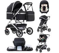 Lnhcrbs 3 in 1 Stroller, Stroller is a Quick One-Click Folding, High Landscape Baby Pushchair with an Enlarged Lie-Flat Seat (38.5cm), Baby Pushchair is Lockable on The Front Wheels(Black)