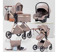 Lnhcrbs Baby Stroller 3 in 1, Travel Pushchair‘s Lie-Flat Pram is Foldable, Stroller System Handle is Adjustable, The Wheels are Made of PU Material, Suitable for 0-3 Years-Khaki
