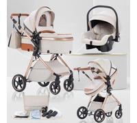 Lnhcrbs Baby Stroller 3 in 1, Travel Pushchair‘s Lie-Flat Pram is Foldable, Stroller System Handle is Adjustable, The Wheels are Made of PU Material, Suitable for 0-3 Years-Beige