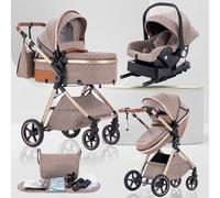 Lnhcrbs Baby Stroller 3 in 1, Travel Pushchair‘s Lie-Flat Pram is Foldable, Stroller System Handle is Adjustable, The Wheels are Made of PU Material, Suitable for 0-3 Years-Khaki
