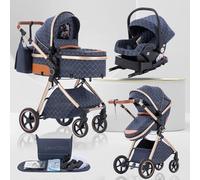 Lnhcrbs Baby Stroller 3 in 1, Travel Pushchair‘s Lie-Flat Pram is Foldable, Stroller System Handle is Adjustable, The Wheels are Made of PU Material, Suitable for 0-3 Years-Blue
