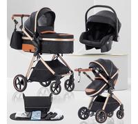 Lnhcrbs Baby Stroller 3 in 1, Travel Pushchair‘s Lie-Flat Pram is Foldable, Stroller System Handle is Adjustable, The Wheels are Made of PU Material, Suitable for 0-3 Years-Black