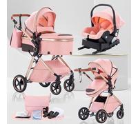 Lnhcrbs Baby Stroller 3 in 1, Travel Pushchair‘s Lie-Flat Pram is Foldable, Stroller System Handle is Adjustable, The Wheels are Made of PU Material, Suitable for 0-3 Years-Pink