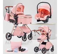 Lnhcrbs Baby Stroller 3 in 1, Travel Pushchair‘s Lie-Flat Pram is Foldable, Stroller System Handle is Adjustable, The Wheels are Made of PU Material, Suitable for 0-3 Years-Pink