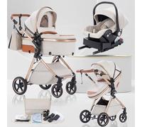 Lnhcrbs Baby Stroller 3 in 1, Travel Pushchair‘s Lie-Flat Pram is Foldable, Stroller System Handle is Adjustable, The Wheels are Made of PU Material, Suitable for 0-3 Years-Beige