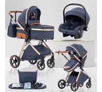 Lnhcrbs Baby Stroller 3 in 1, Travel Pushchair‘s Lie-Flat Pram is Foldable, Stroller System Handle is Adjustable, The Wheels are Made of PU Material, Suitable for 0-3 Years-Blue