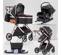 Lnhcrbs Baby Stroller 3 in 1, Travel Pushchair‘s Lie-Flat Pram is Foldable, Stroller System Handle is Adjustable, The Wheels are Made of PU Material, Suitable for 0-3 Years-Black