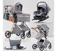 Lnhcrbs Baby Stroller 3 in 1, Travel Pushchair‘s Lie-Flat Pram is Foldable, Stroller System Handle is Adjustable, The Wheels are Made of PU Material, Suitable for 0-3 Years-Grey
